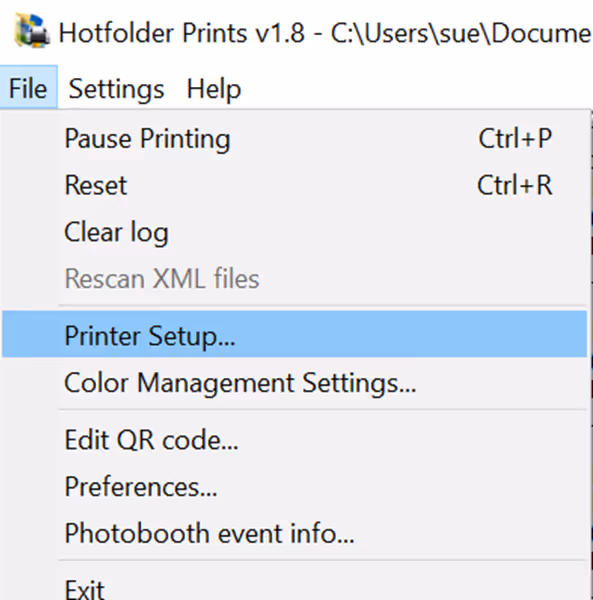 Select the Hotfolder File Tab then Printer Setup to choose the printer settings you need
