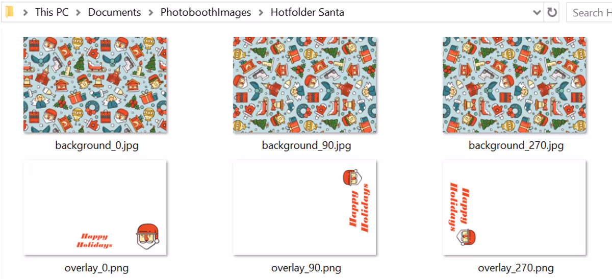 PhotoboothImages folder with three backgrounds for the camera in landscape (background_0.jpg) and portrait (background_90.jpg and background_270.jpg) Breeze Hotfolder 1.8