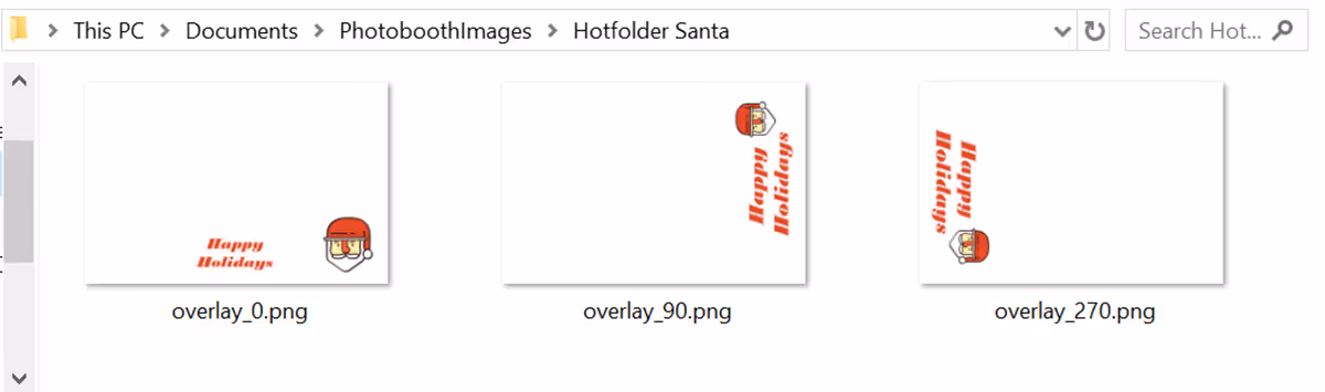 PhotoboothImages folder with 3 overlays for the camera in landscape (overlay_0.png) and portrait (overlay_90.png and overlay_270.png) Breeze Hotfolder 1.8