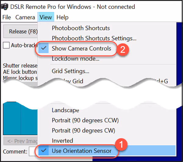 Check (1) Use Orientation Sensor on the DSLR Remote Pro View tab to tell Hotfolder whether images are taken in landscape or portrait. (2) Show Camera controls should also be checked
