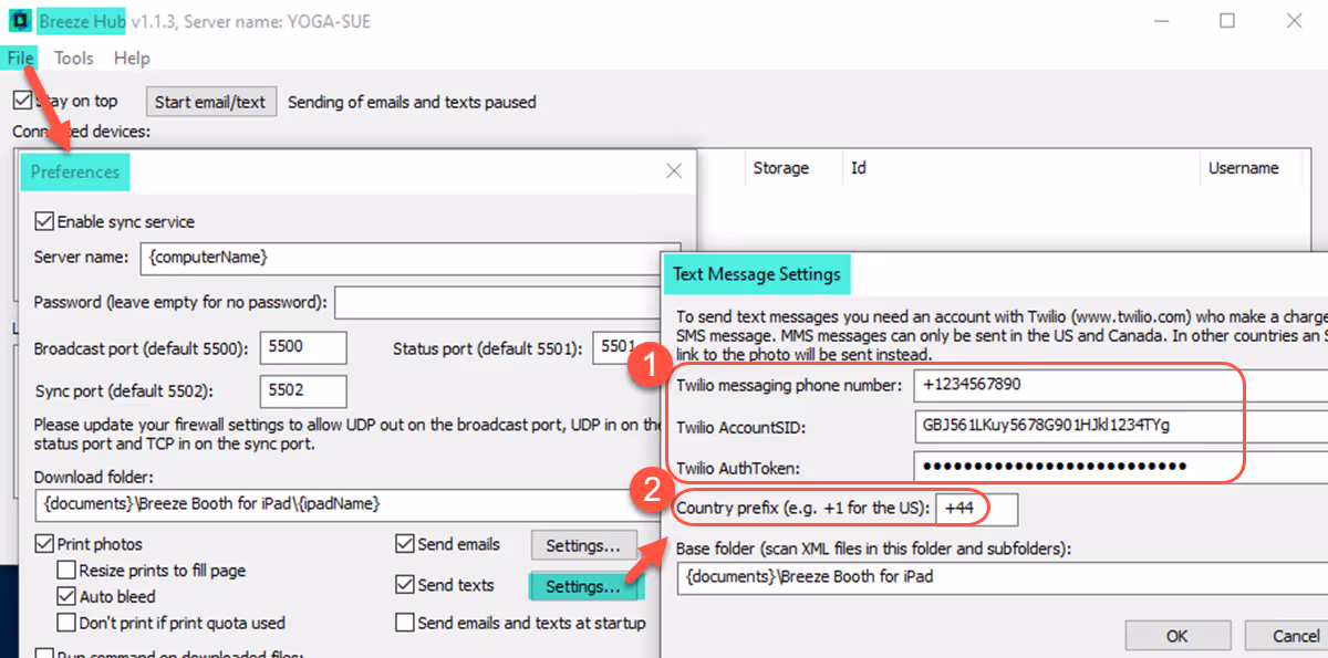 Enter your Twilio account details and the country prefix into Breeze Hub