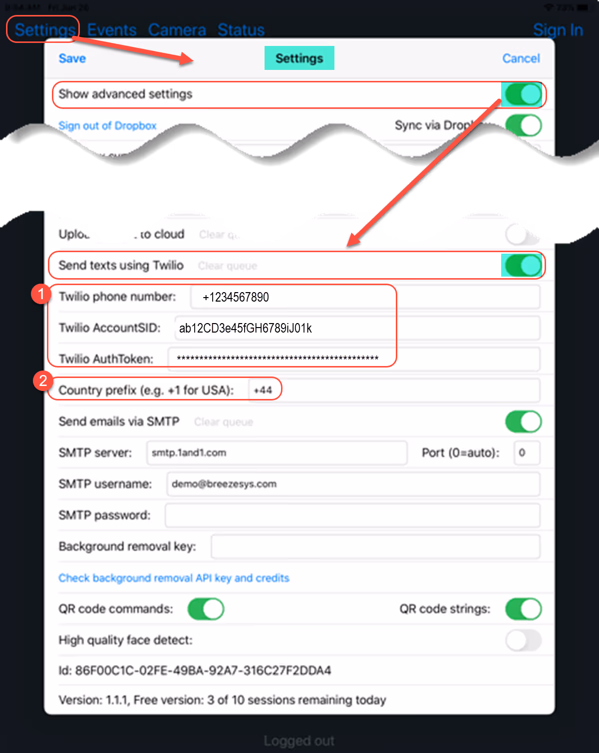 Enter your Twilio account details and the country prefix into the Breeze Booth (iPad+iPhone) app settings screen