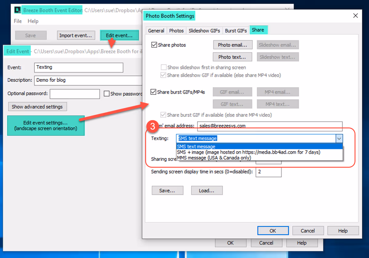 Selecting SMS/SMS+Image/MMS for Breeze Booth events (Event Editor 1.4.2)