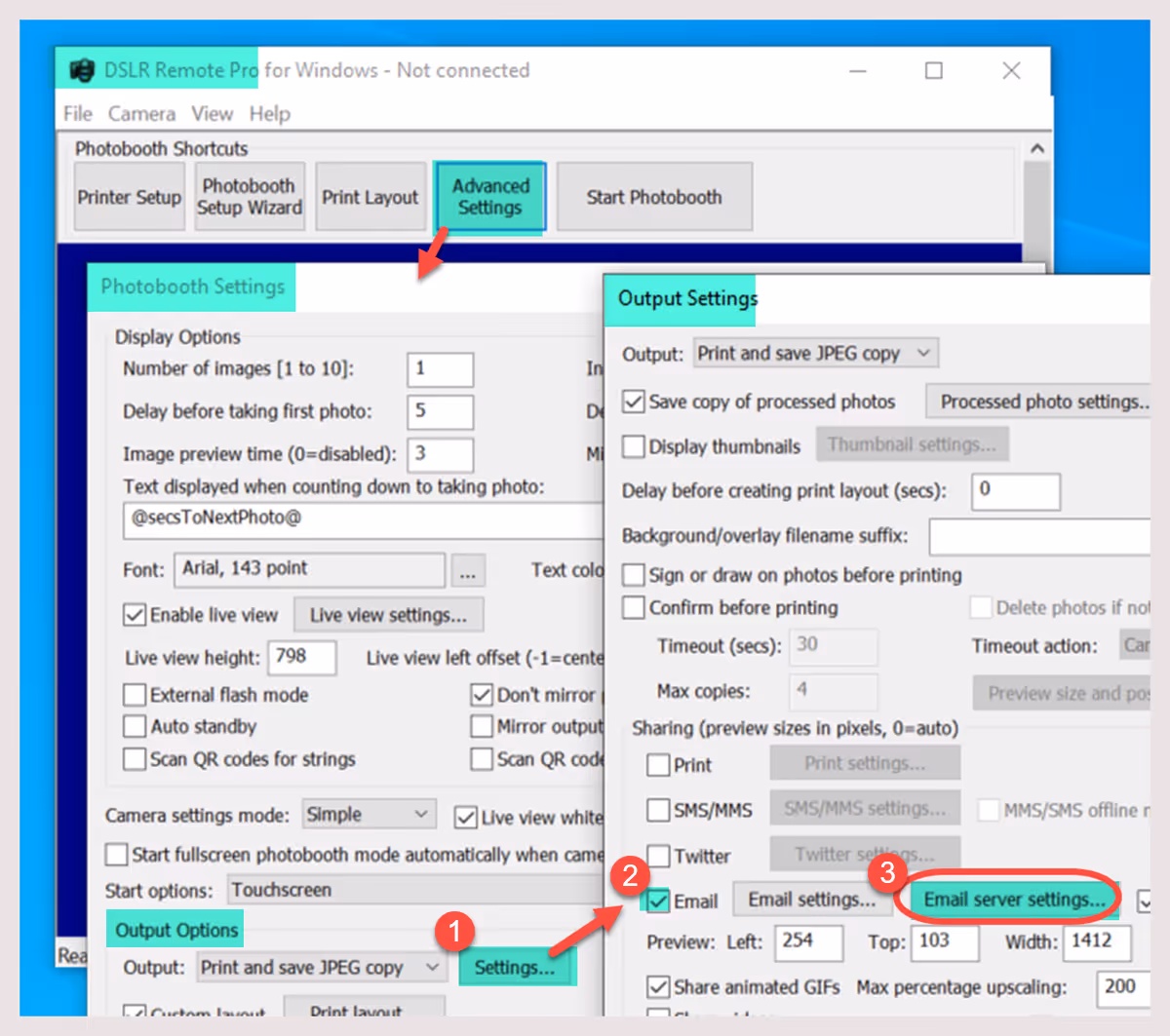 DSLR Remote Pro 3.15.4: Go to the Output Options Settings (1) and check Email (2). You can then select Email Server Settings.. button (3)