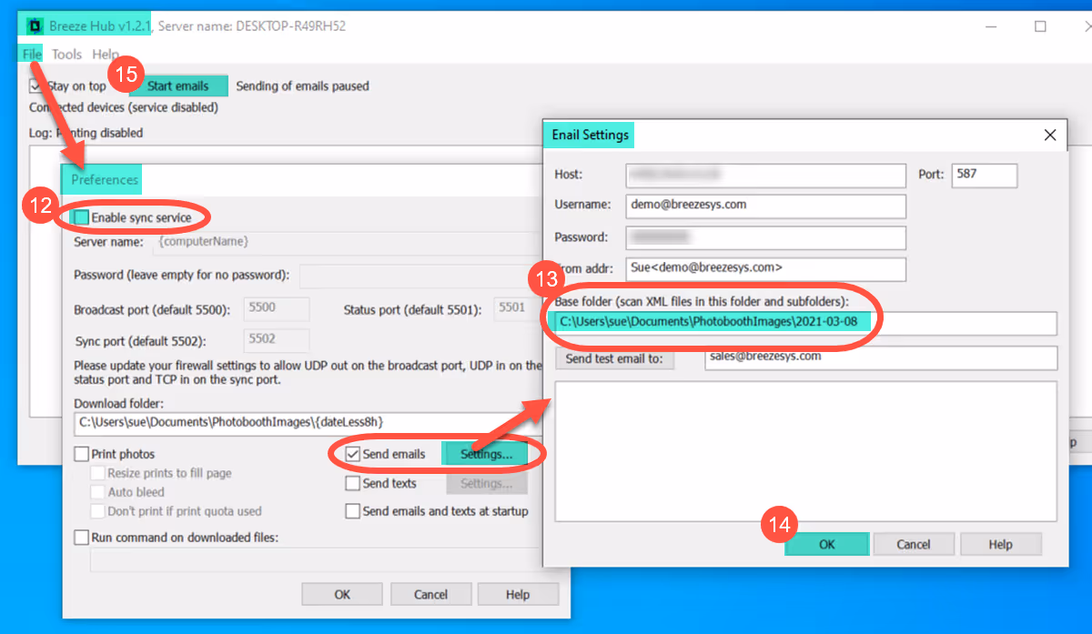 Setting up Breeze Hub to share emails in the background from Booth (DSLR + Windows) aka DSLR Remote Pro and Kiosk