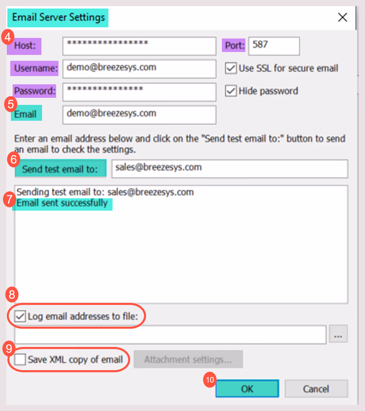 Email Server Settings Screen DSLR Remote Pro 3.15.4 & Kiosk 2.0