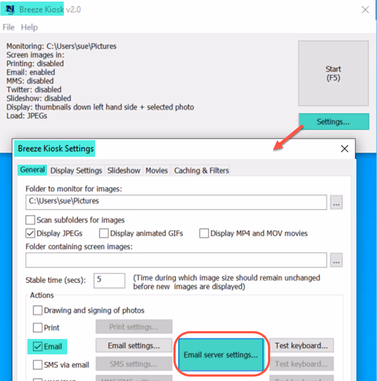 Breeze Kiosk Email Server Settings button (Kiosk 2.0)