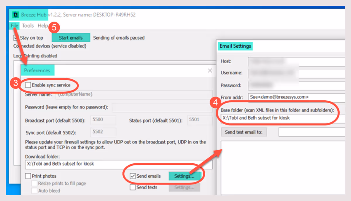 Hub settings to share emails from DSLR Remote Pro and Kiosk