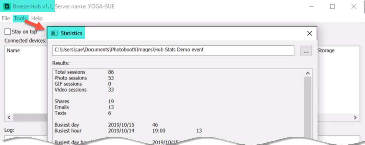 Hub Statistics summary of Photo sessions and shares by email and text