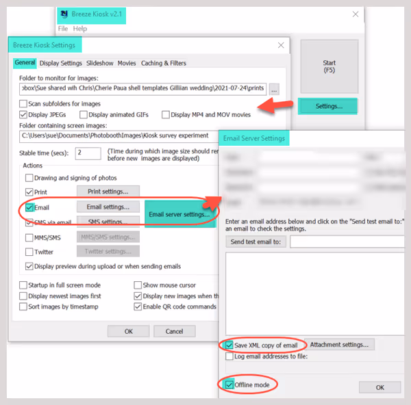 Kiosk settings for background sharing of emails via Hub