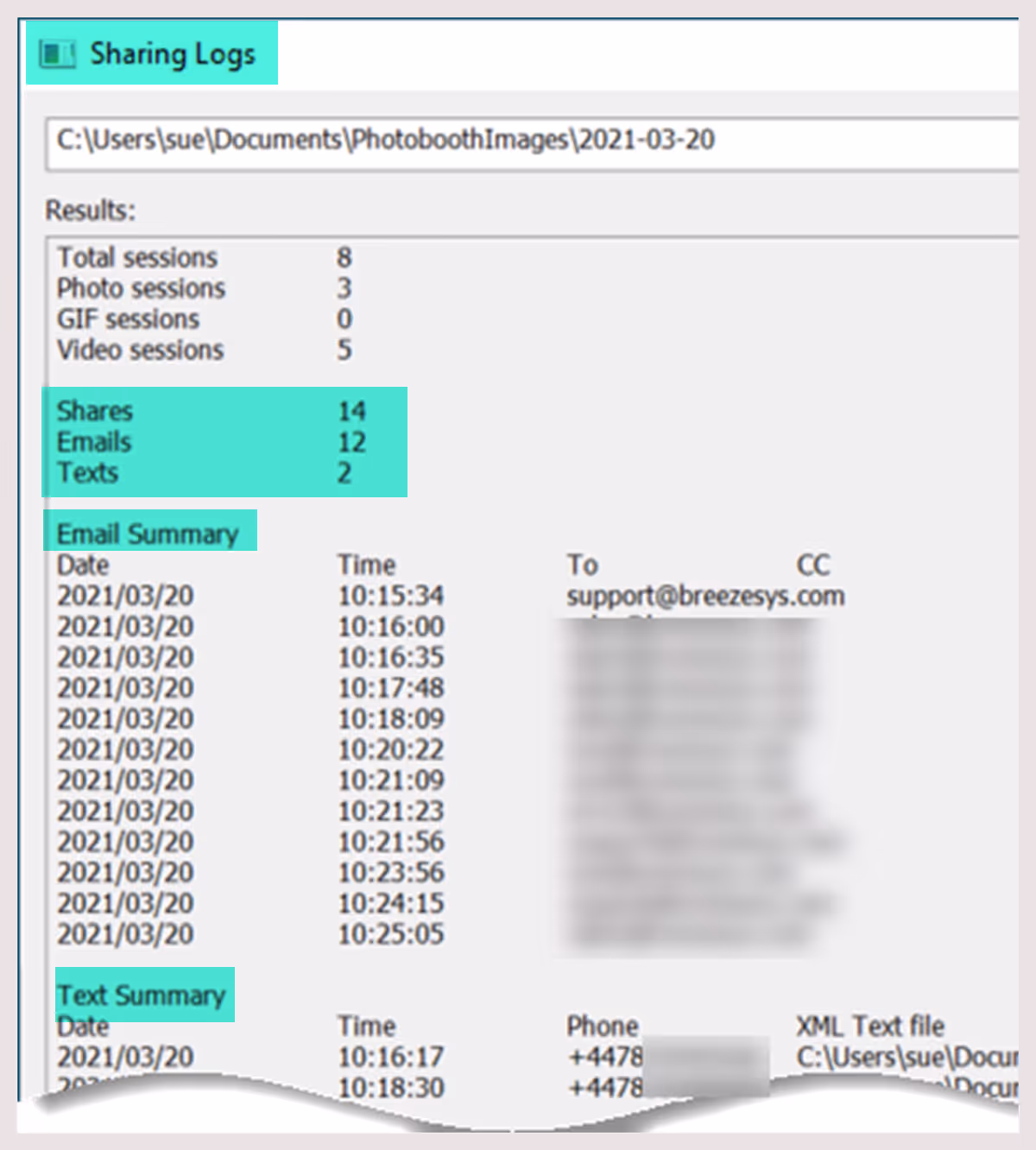 Event Sharing log including email addresses and cell phone numbers used to share photos, burst GIFs and videos