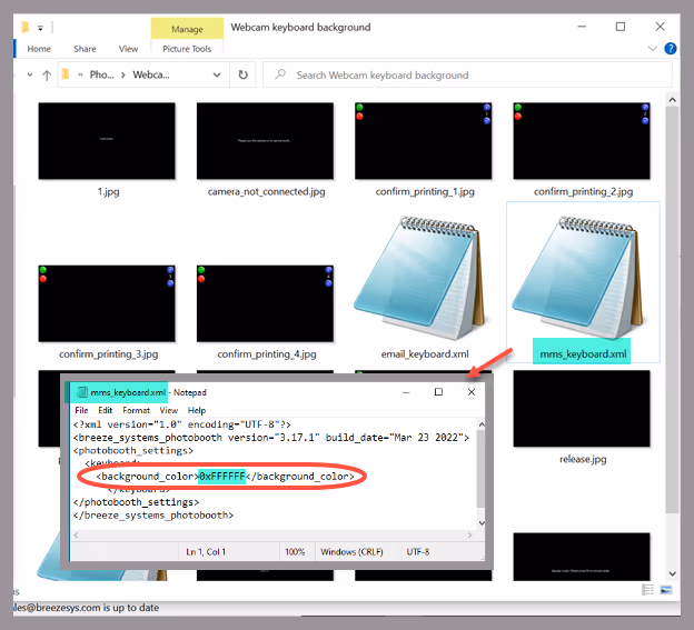 Webcam PhotoboothImages folder showing MMS_keyboard.xml content