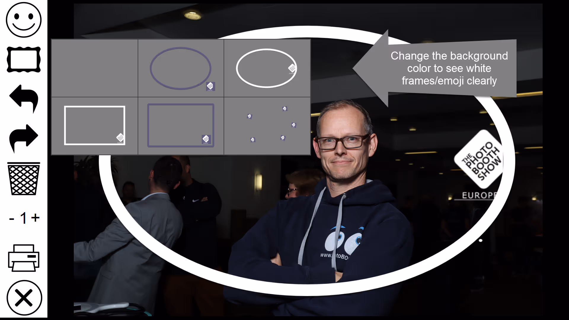 Frames and emoji can be shown on a gray or white background in Breeze DSLR Remote Pro 3.14.2 and Kiosk 1.6