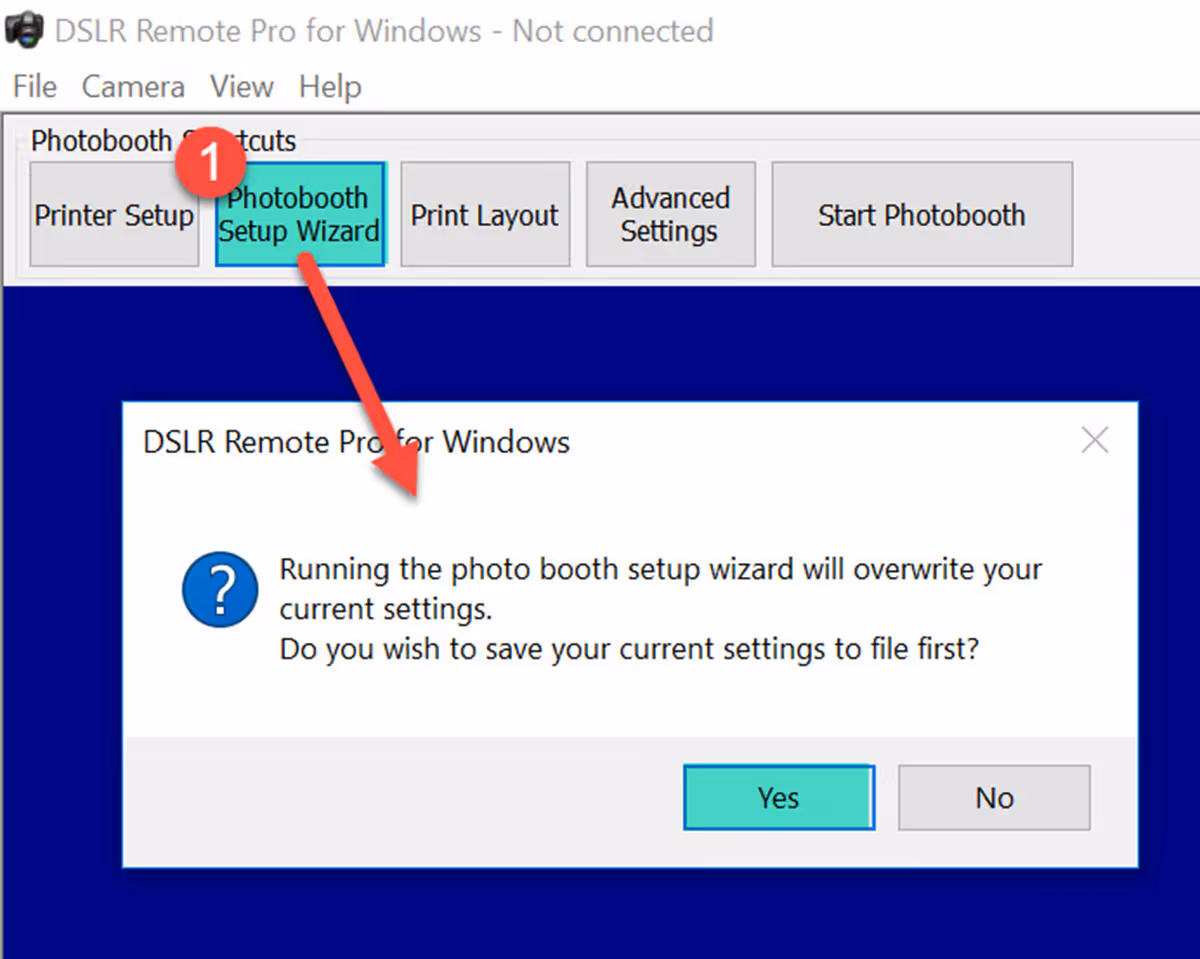 Saving your current settings before running the Photobooth Setup Wizard DSLR Remote Pro 3.15.4