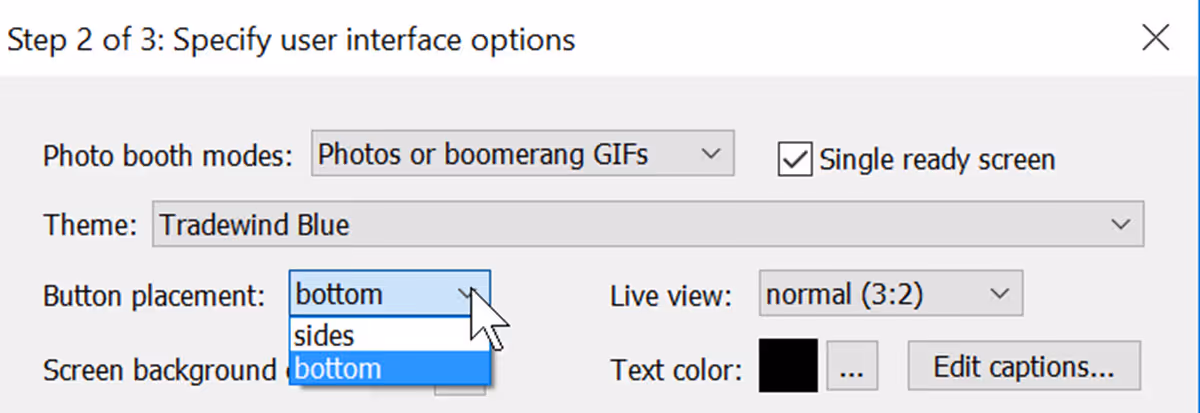 Choose whether to place buttons down the side or across the bottom of the screen. (DSLR Remote Pro 3.15.4 Wizard Step 2)