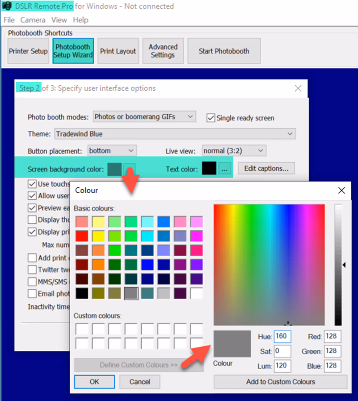 Choosing the color of screen backgrounds and text (including custom colors) with the Photobooth Setup Wizard in DSLR Remote Pro