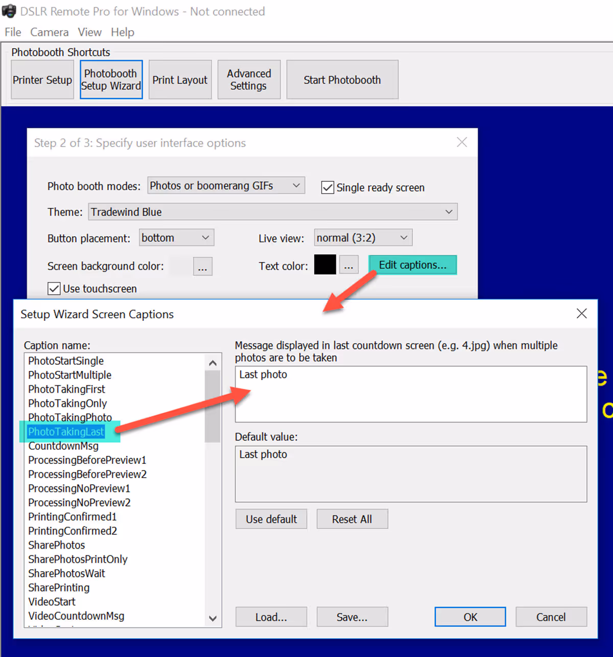 Editing individual captions in the Photobooth Setup Wizard DSLR Remote Pro 3.15.4