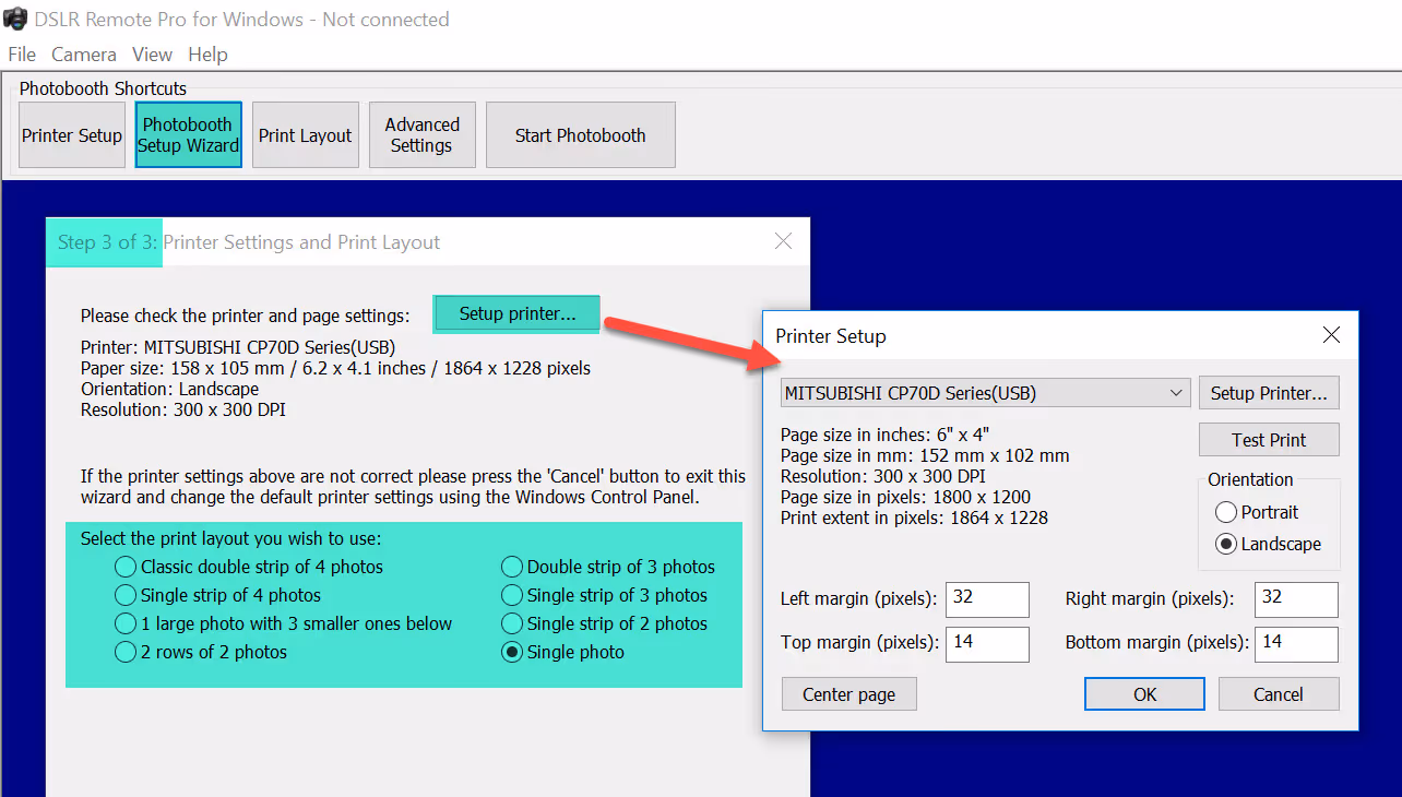 At Step 3 you choose the print layout and adjust your printer settings if necessary (DSLR Remote Pro 3.15.4 Photobooth Setup Wizard)