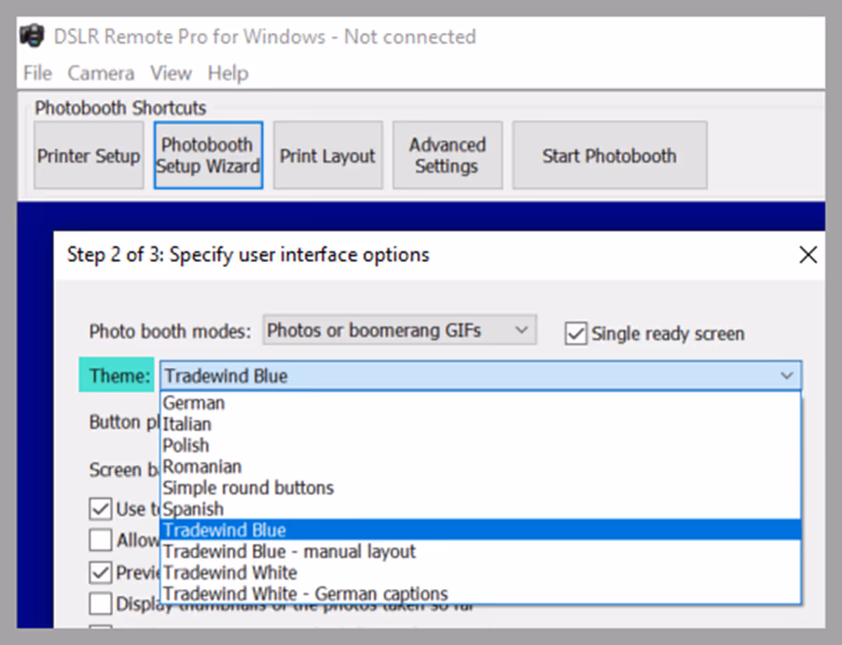 Selecting a predefined theme to use with DLSR Remote Pro