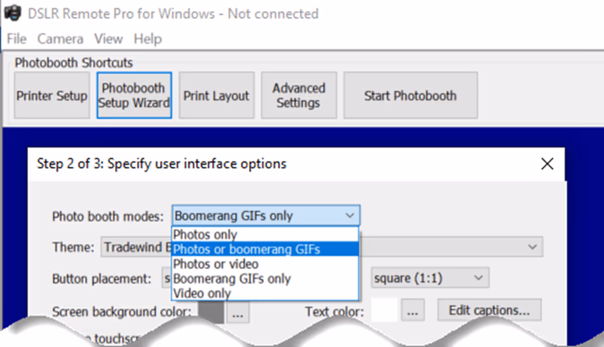 This drop down list is a super-fast way to set up the booth to offer guests a choice of photos or burst GIFs
