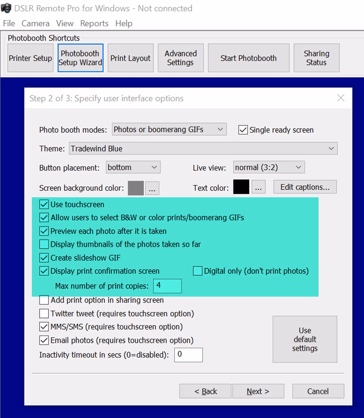 Checkboxes in the Photobooth Setup Wizard Step 2 DSLR Remote Pro 3.16