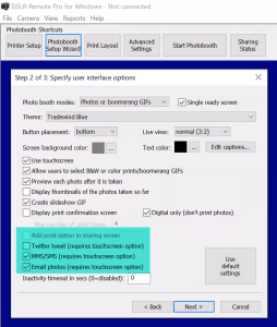 Sharing checkboxes in the Photobooth Setup Wizard Step 2 DSLR Remote Pro 3.16
