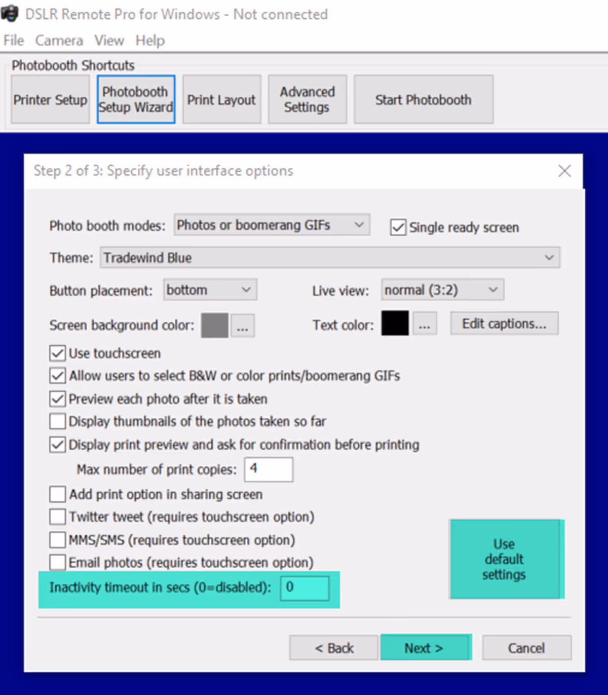 Inactivity timeout and 'Use default setting' button DSLR Remote Pro