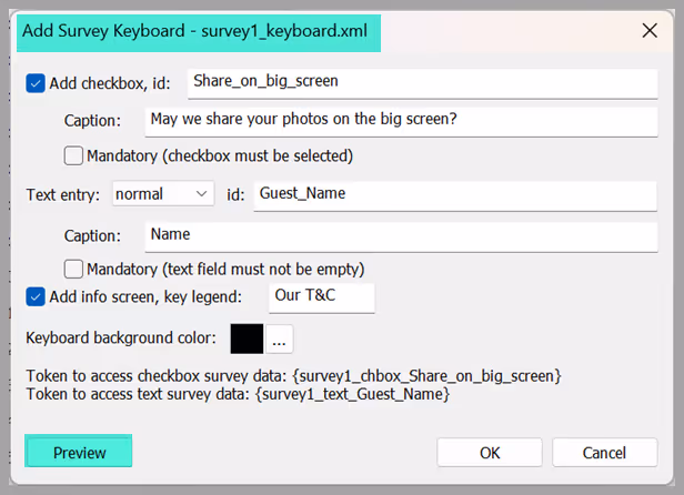 Sample Add Survey Keyboard – survey1_keyboard.xml window including caption, text field for guest name and link to Info screen (Breeze DSLR Remote Pro 3.19.1)