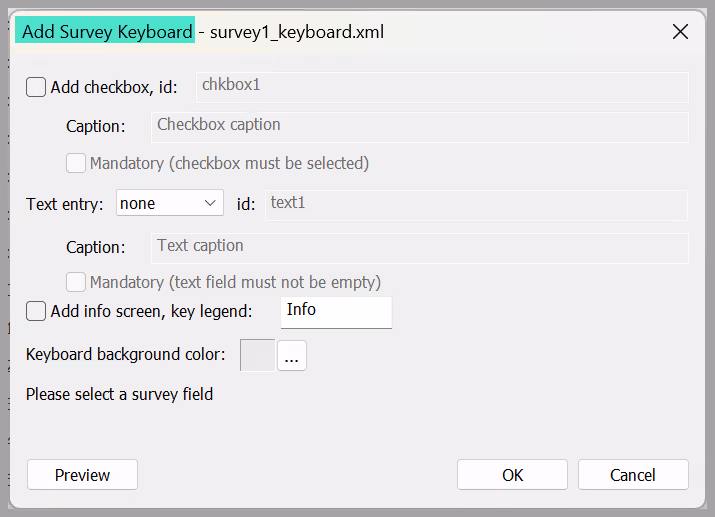Initial Add survey keyboard screen for first page of a survey (Breeze DSLR Remote Pro 3.19.1)