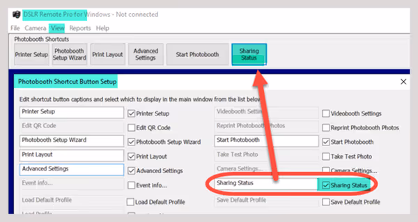 Select View then Photobooth Shortcuts Settings.. to add a large button taking you directly to the Sharing Status screen