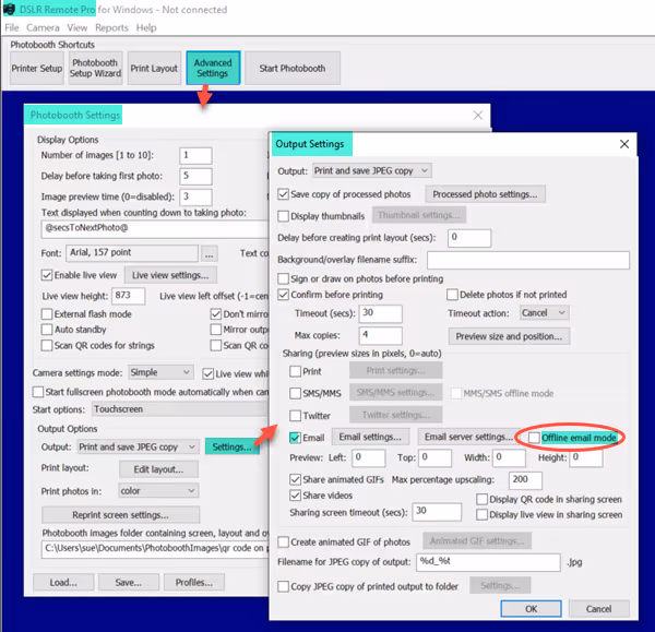 Check or uncheck offline email mode to switch between sending emails immediately or after the event (Breeze DSLR Remote Pro)