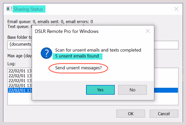 Sharing Scan asking whether to send the unsent emails and texts it has found (DSLR Remote Pro 3.16.1)