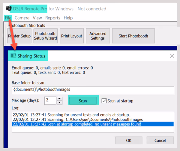 Sharing Status window – no unsent messages found from the last 2 days (DLSR Remote Pro 3.16.1)