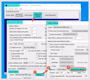 (1,2,3) Go to the email server settings screen to flag that you want to log email addresses in a csv file (DSRL Remote Pro 3.15.5)