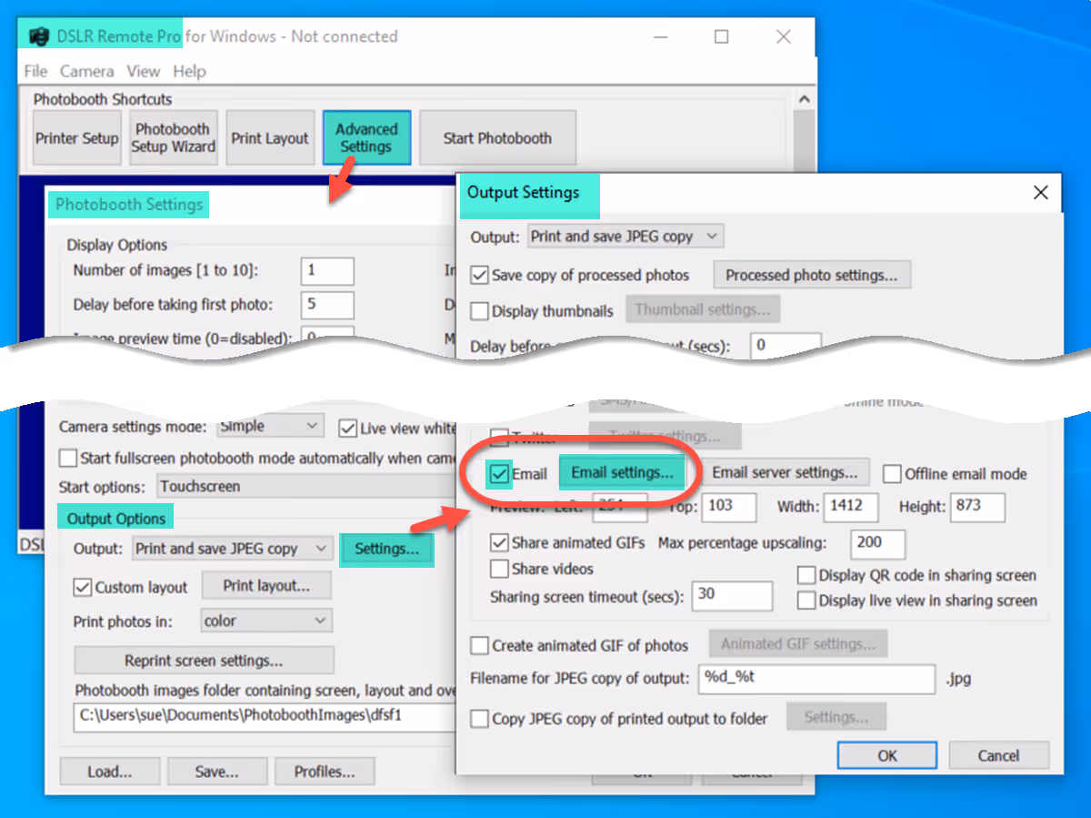 Opening the Email Settings screen (DSLR Remote Pro)
