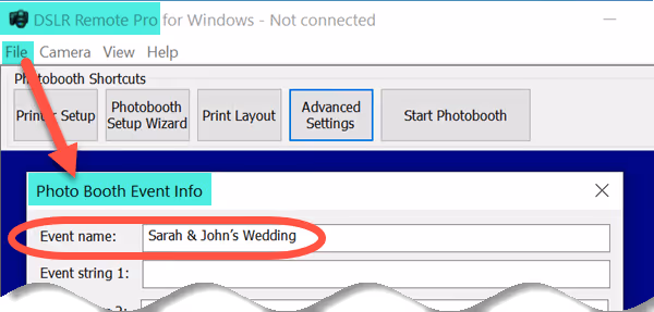 Click on File then Photo Booth Event Info… to change the event name