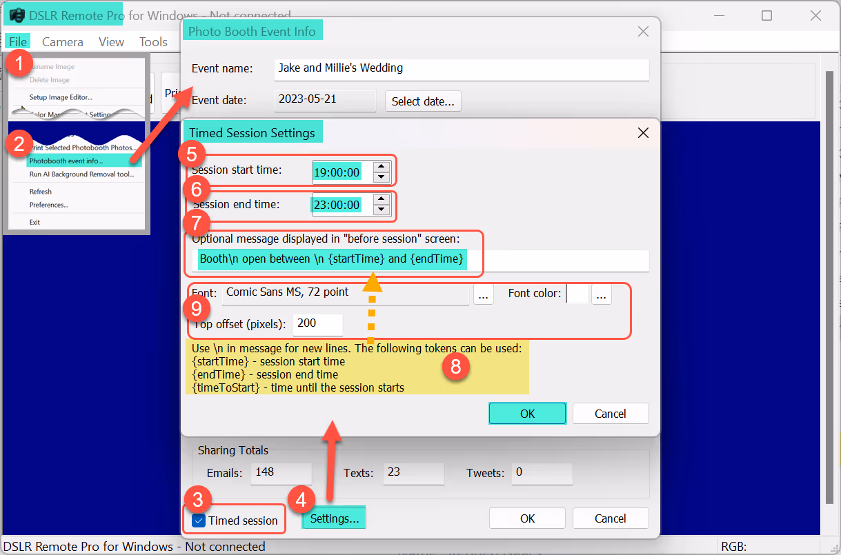 Timed Session Settings Windows (Breeze DSLR Remote Pro 3.19)