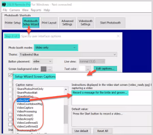 Editing captions in the Photobooth Setup Wizard DSLR Remote Pro 3.17