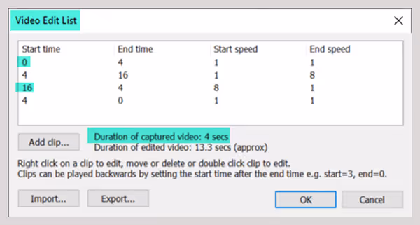 Video Edit list for 120fps video captured to camera duration 4 seconds, and duration of video saved on the computer 16 seconds (DSLR Remote Pro 3.17.1)