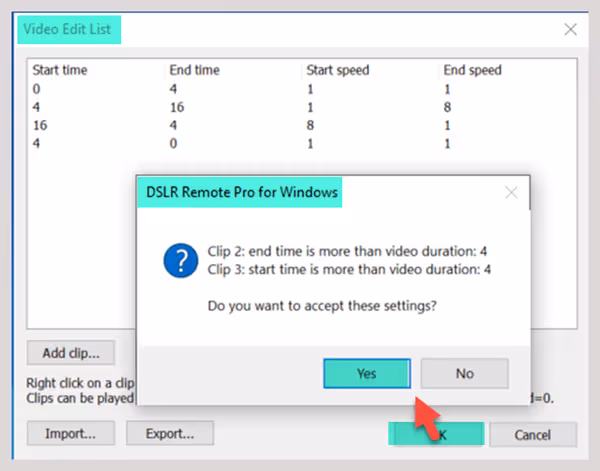 End time is more than video duration and Start time is more than video duration warnings (Video Edit List Breeze DSLR Remote Pro 3.17.1)