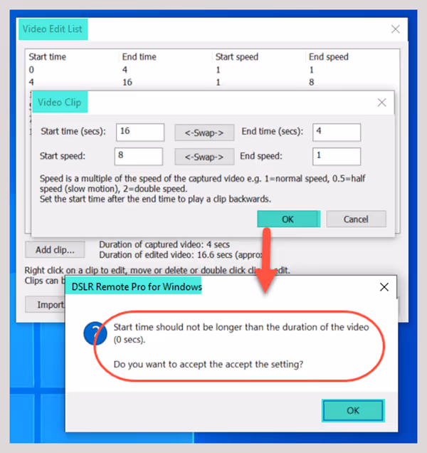Start time should not be longer than the duration of the video warning (Breeze DSLR Remote Pro 3.17.1)
