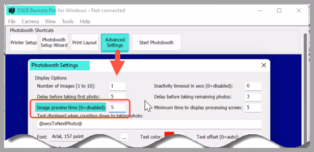 Image Preview time set to 5 seconds (Breeze DSLR Remote Pro 3.18.1.1)