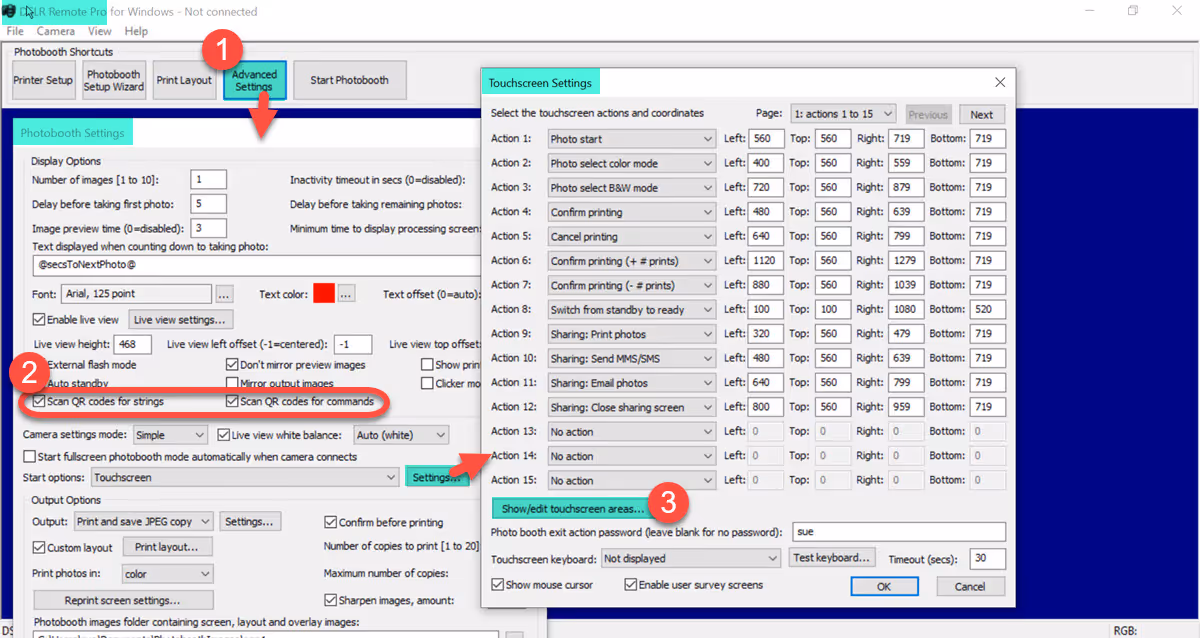 Select (1) Advanced Settings, (2) Check QR codes for strings and Scan QR codes for commands, then (3) go to the Touchscreen settings (DSLR Remote Pro 3.15)