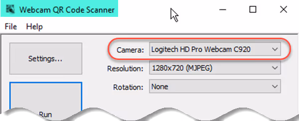 Select the external webcam if used – here a Logitech C920 (Breeze Webcam QR Code Scanner)