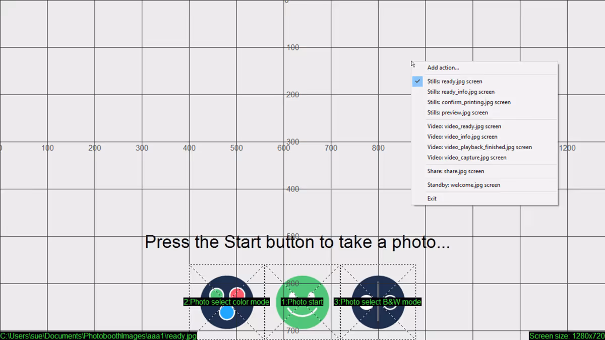 This stills ready screen uses Photo start, so you need to add the Select photobooth+start action