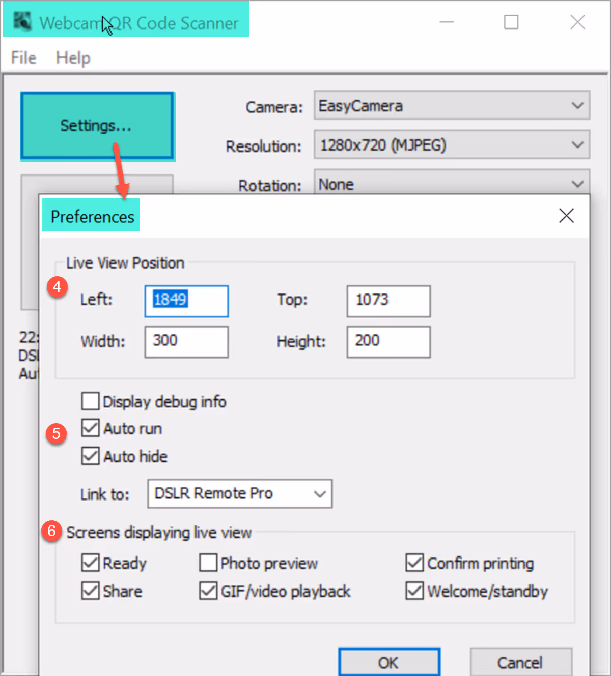 Webcam QR Code Scanner Settings screen