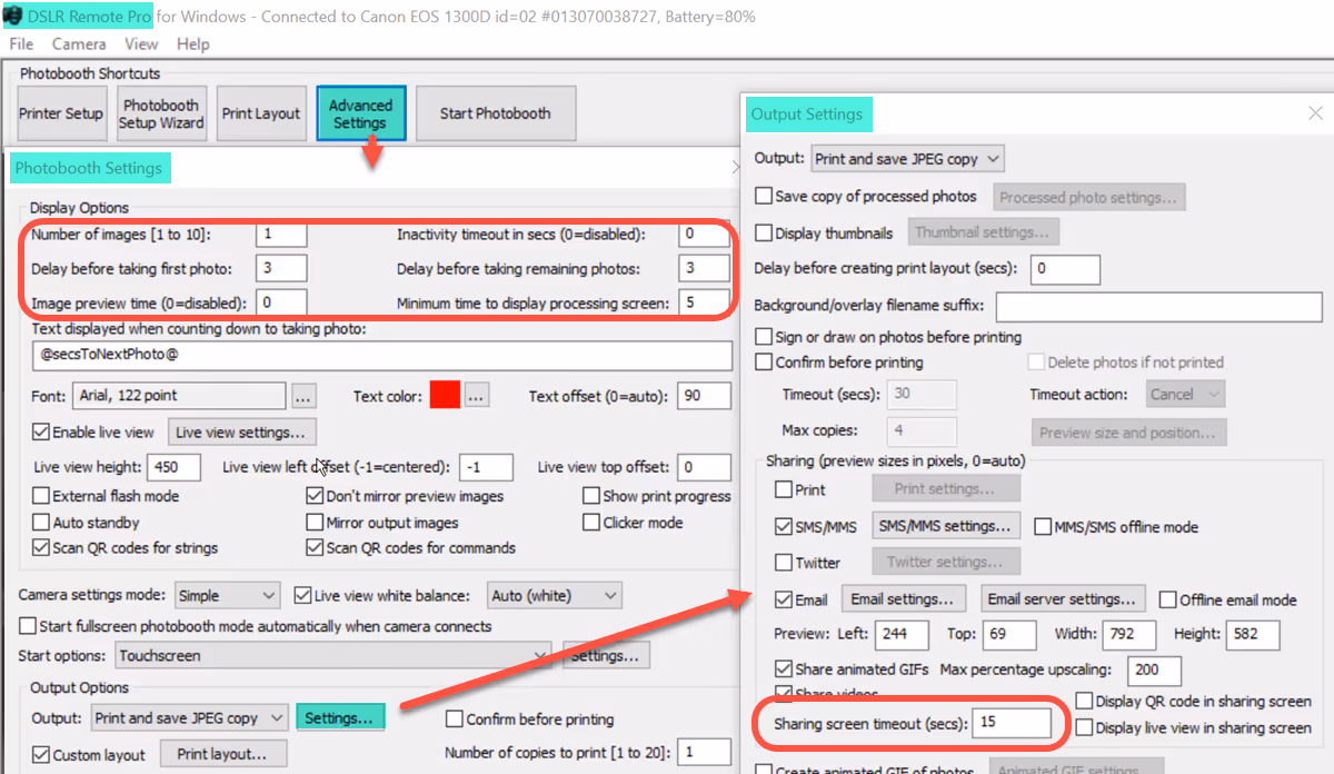 Adjusting the delay before each photo, inactivity and sharing screen timeouts (DSLR Remote Pro 3.15.1)