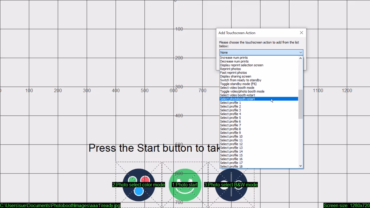 Selecting the Select photobooth+start action for a stills ready screen