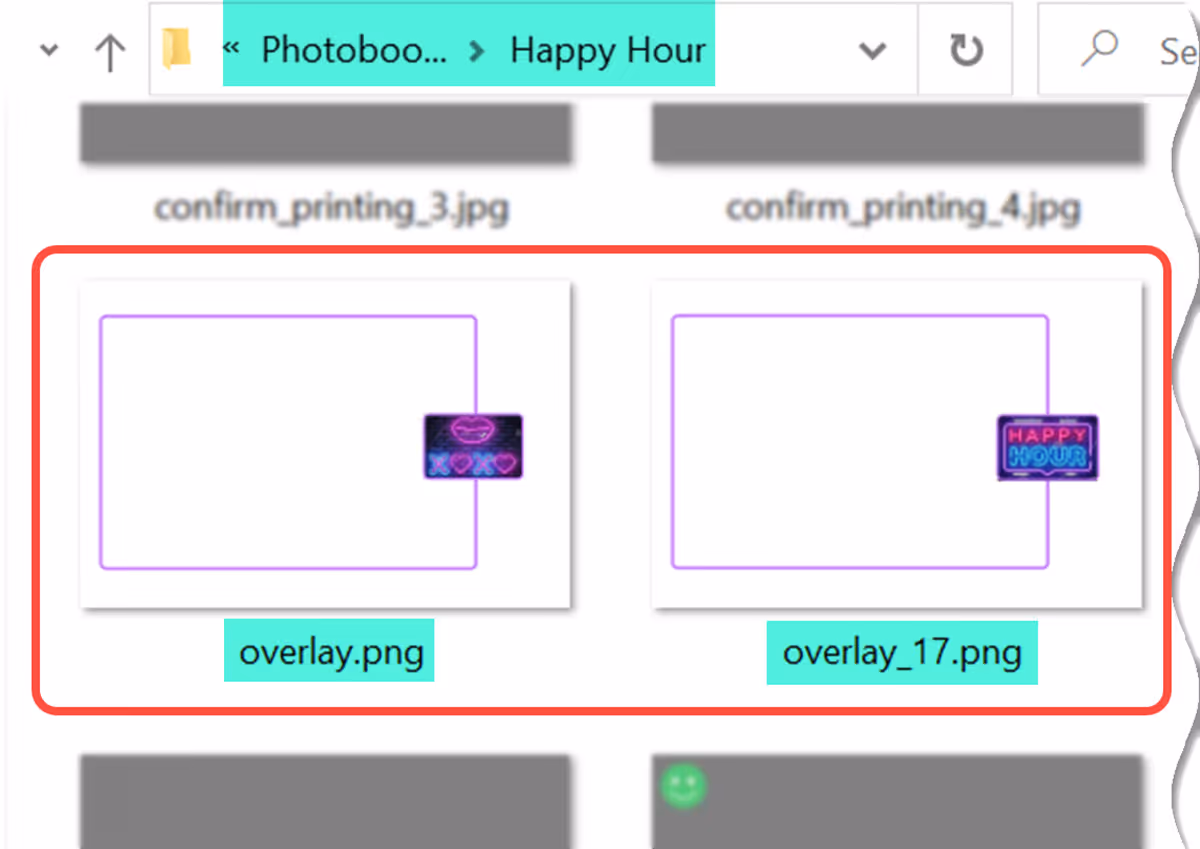 Happy Hour PhotoboothImages folder showing the Happy Hour overlay (overlay_17.png) used between 17:00 and 18:00, and ordinary overlay (overlay.png) used at other times. (Breeze DSLR Remote Pro 3.15.3)