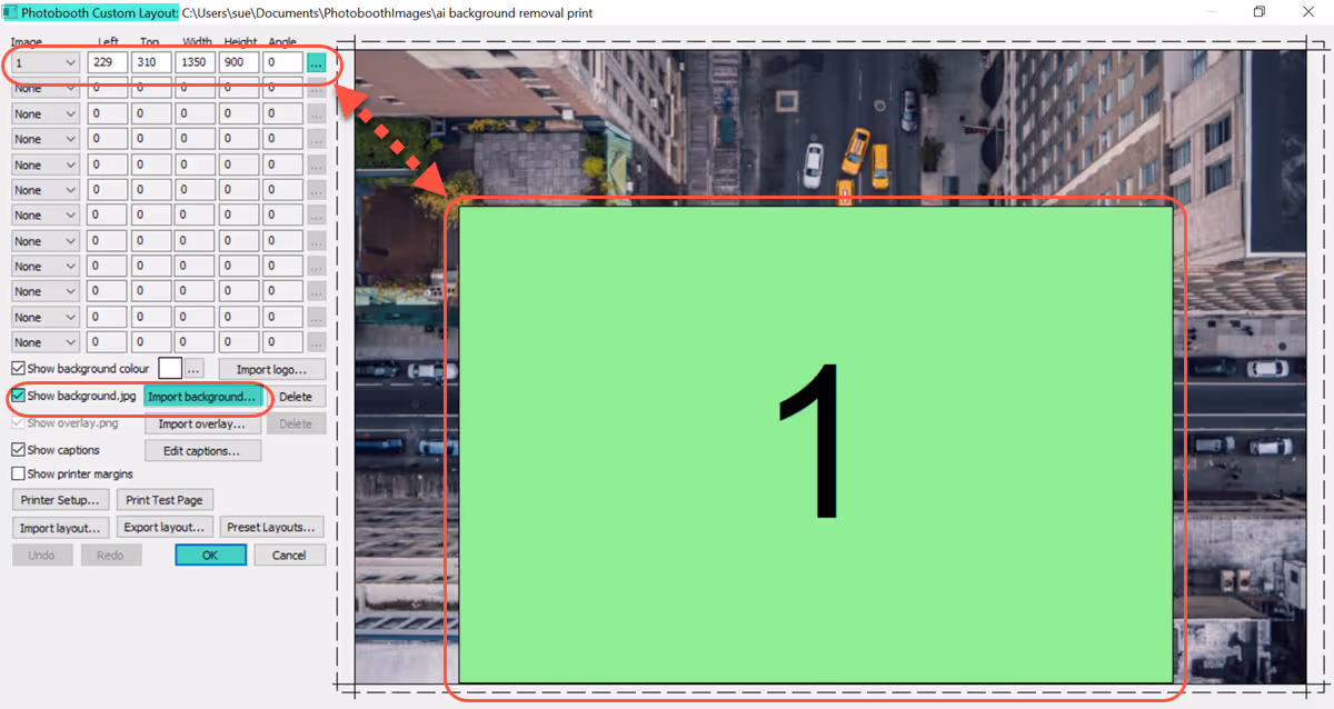 Adding the background to your print (Breeze DSLR Remote Pro 3.15.1 print layout editor)